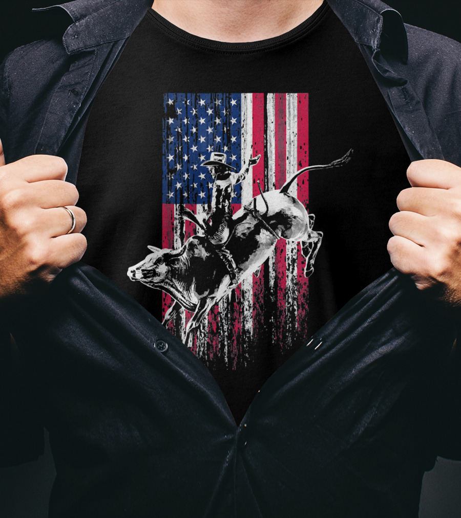 Patriotic American Flag Bull Rider Rodeo Scene T-Shirt
