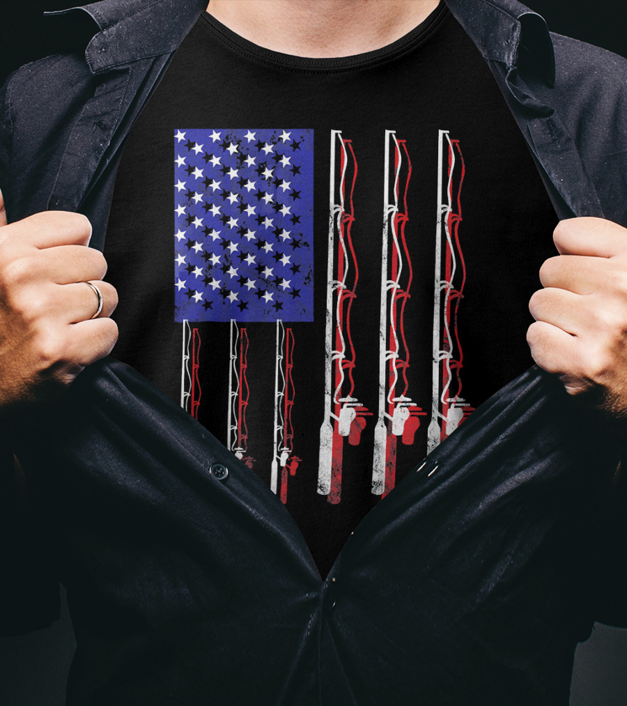 Humorous Patriotic Dad Fishing Rod American Flag Stars Stripes Edition T-Shirt