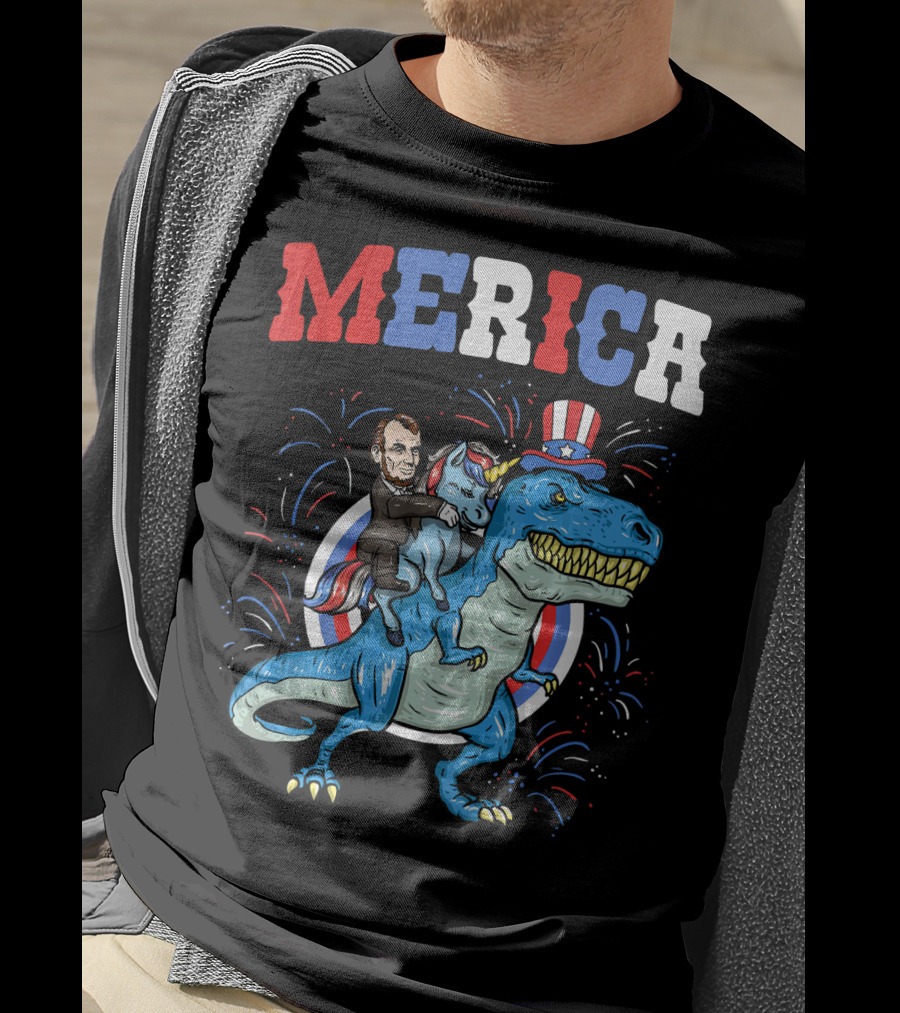 Merica Abe Lincoln Riding Unicorn On T-Rex With Patriotic Hat T-Shirt