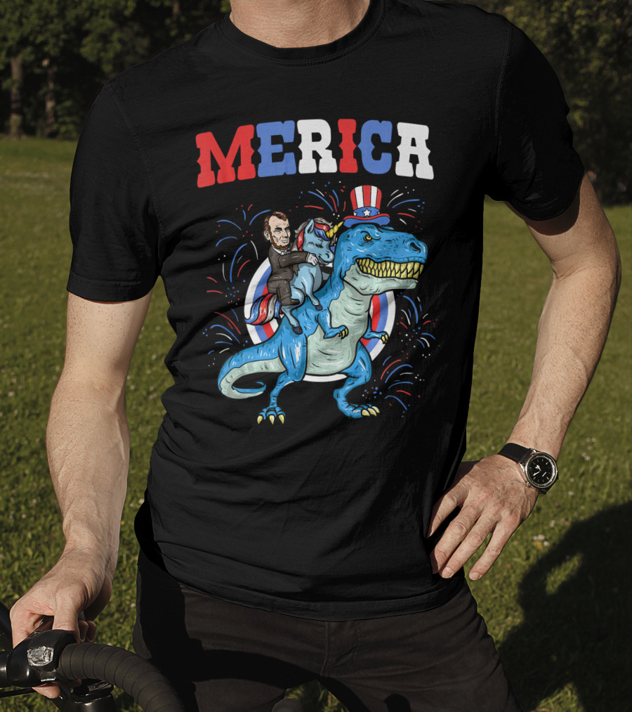 Merica Abe Lincoln Riding Unicorn On T-Rex With Patriotic Hat T-Shirt