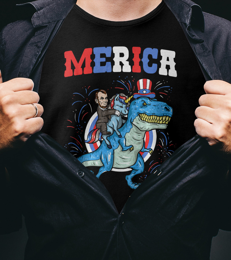 Merica Abe Lincoln Riding Unicorn On T-Rex With Patriotic Hat T-Shirt