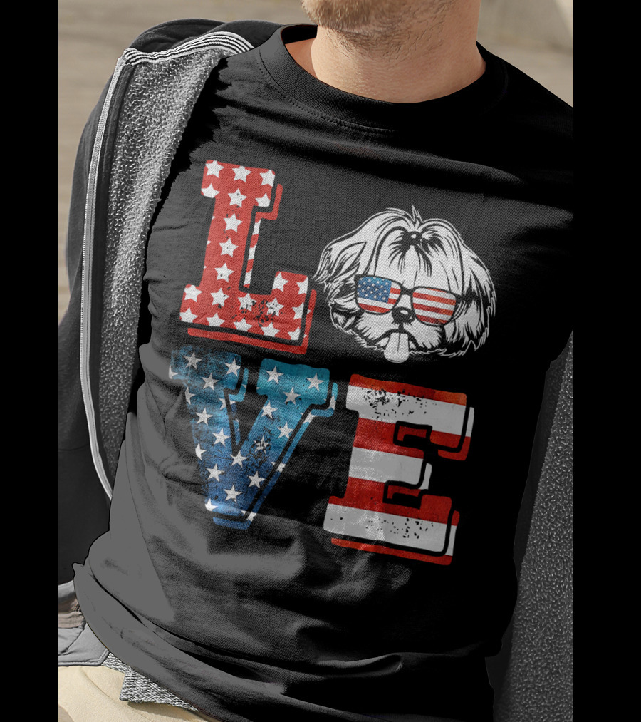 Love Shih Tzu Patriotic American Flag Sunglasses T-Shirt