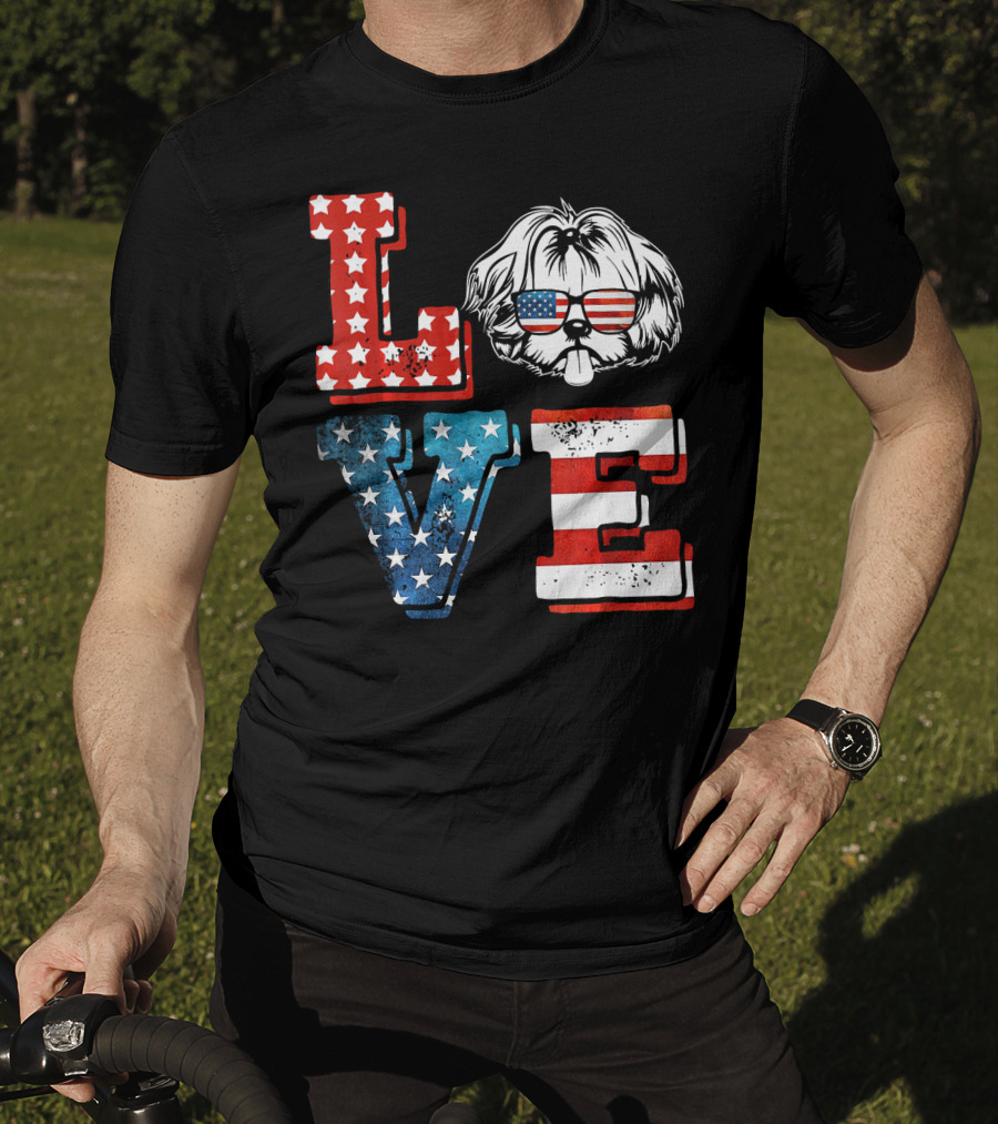 Love Shih Tzu Patriotic American Flag Sunglasses T-Shirt