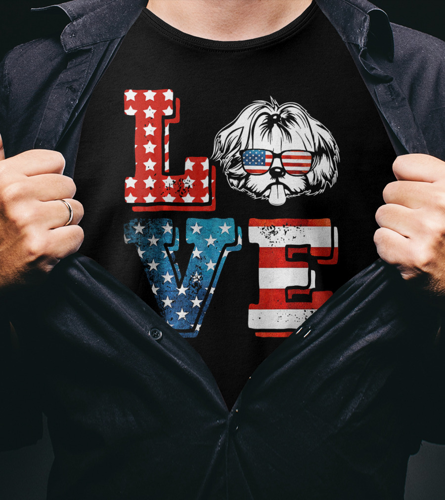 Love Shih Tzu Patriotic American Flag Sunglasses T-Shirt