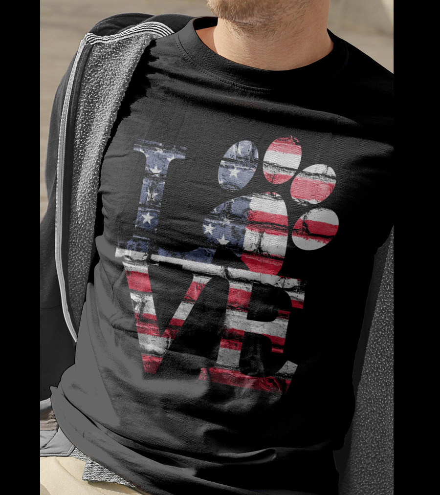 Patriotic Love USA Flag Style With Dog Paw T-Shirt