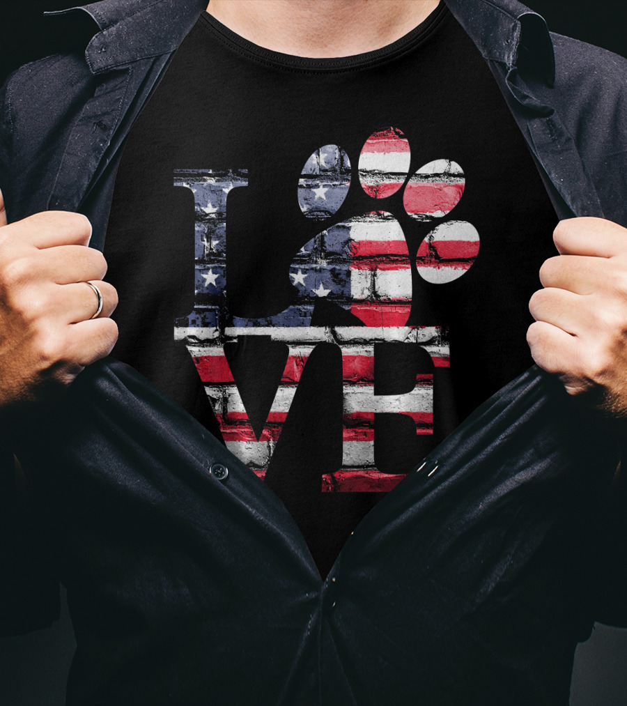 Patriotic Love USA Flag Style With Dog Paw T-Shirt