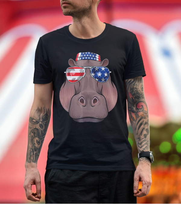 Premium T-Shirt: Patriotic Hippo with American Flag Glasses and Bandana for 4th of July T-Shirt Patriotic Hippo with American Flag Glasses and Bandana for 4th of July T-Shirt