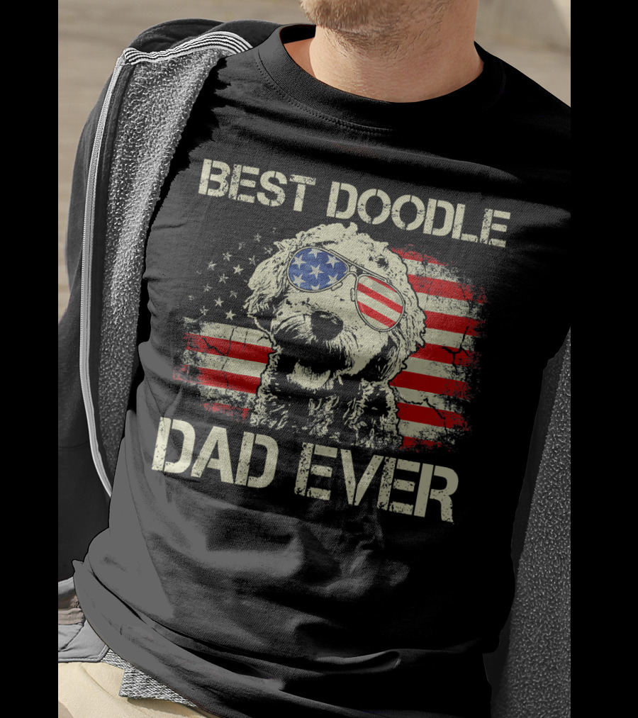 Best Doodle Dad Ever USA Flag Sunglasses Dog T-Shirt