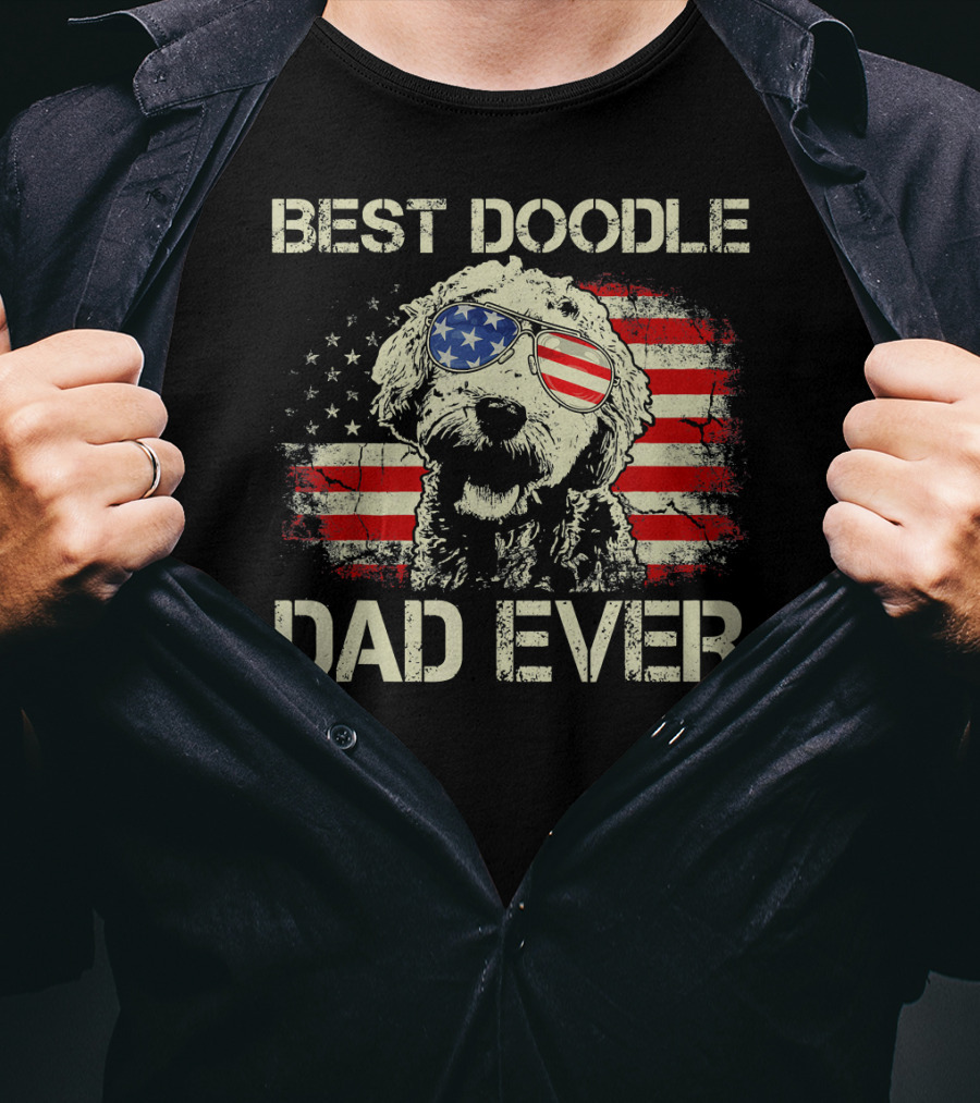 Best Doodle Dad Ever USA Flag Sunglasses Dog T-Shirt