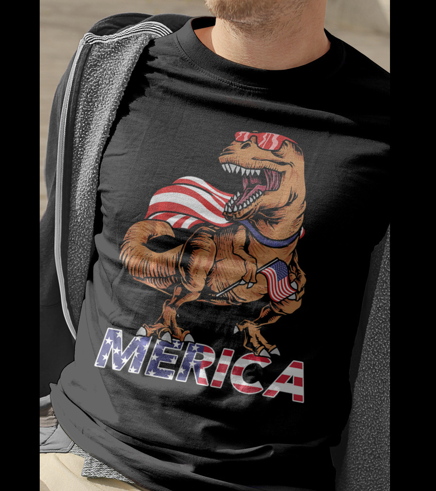 Merica T-Rex With American Flag Sunglasses And Cape T-Shirt
