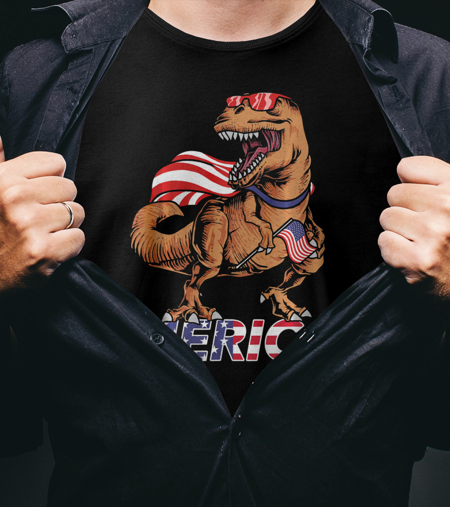 Merica T-Rex With American Flag Sunglasses And Cape T-Shirt