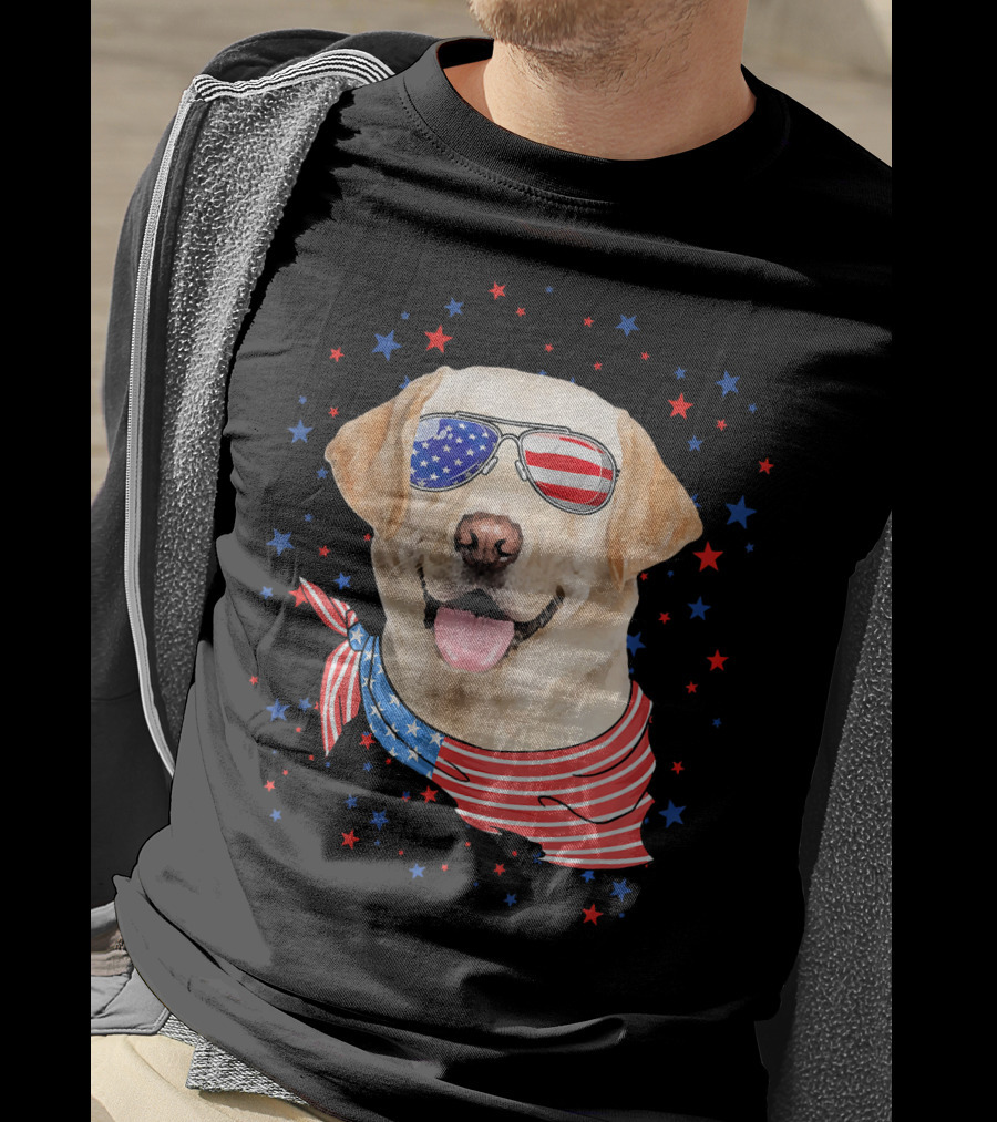 American Flag Labrador With Patriotic Sunglasses And Scarf Surrounded By Stars T-Shirt