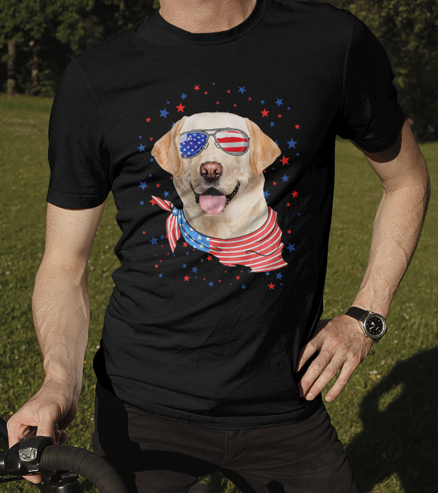 American Flag Labrador With Patriotic Sunglasses And Scarf Surrounded By Stars T-Shirt