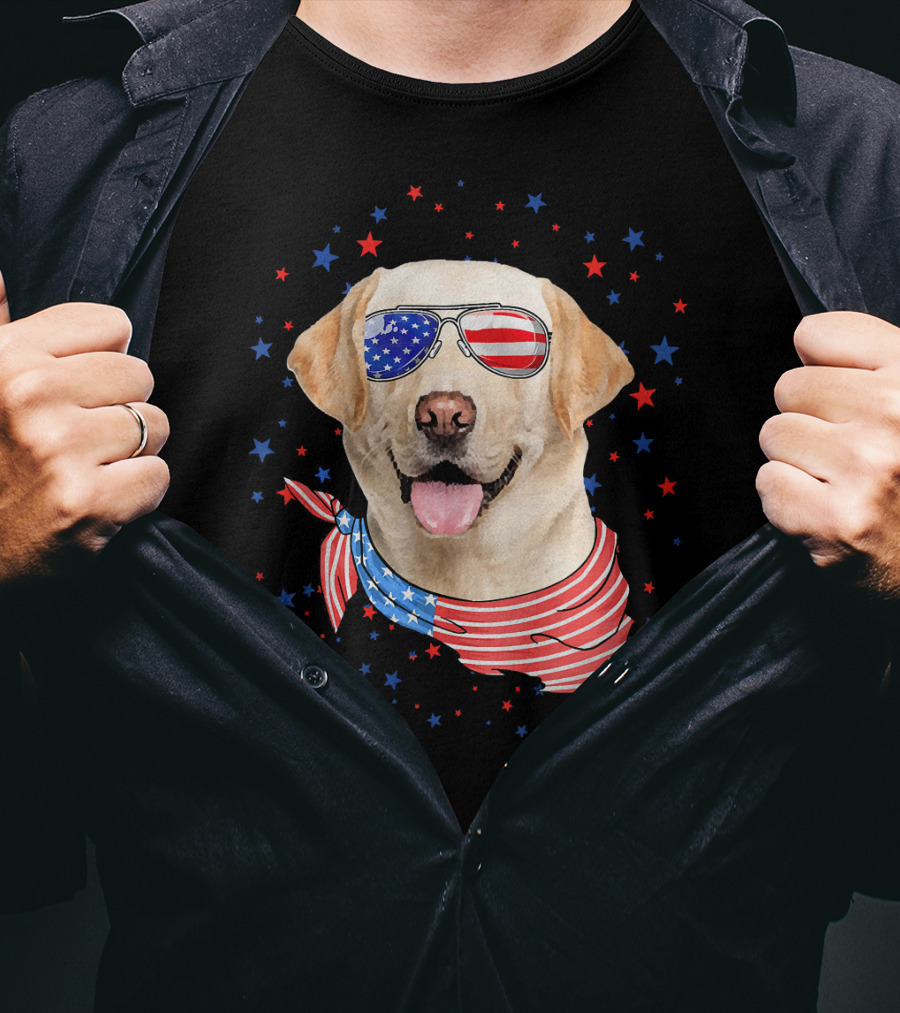 American Flag Labrador With Patriotic Sunglasses And Scarf Surrounded By Stars T-Shirt