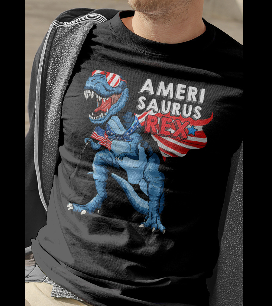 AMERISAURUS REX Dinosaur American Flag Stars Stripes T-Shirt