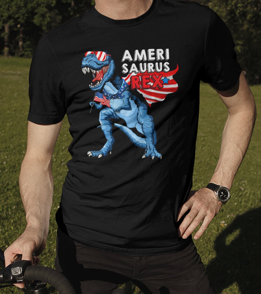 AMERISAURUS REX Dinosaur American Flag Stars Stripes T-Shirt