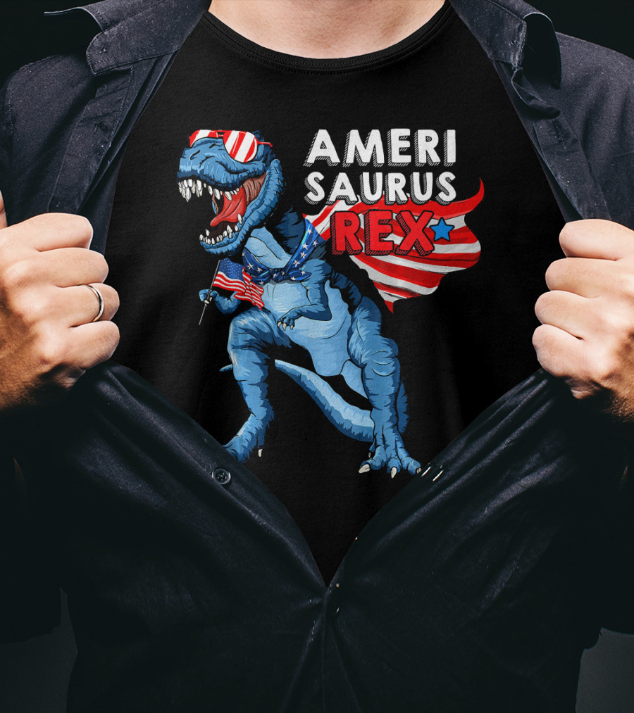 AMERISAURUS REX Dinosaur American Flag Stars Stripes T-Shirt