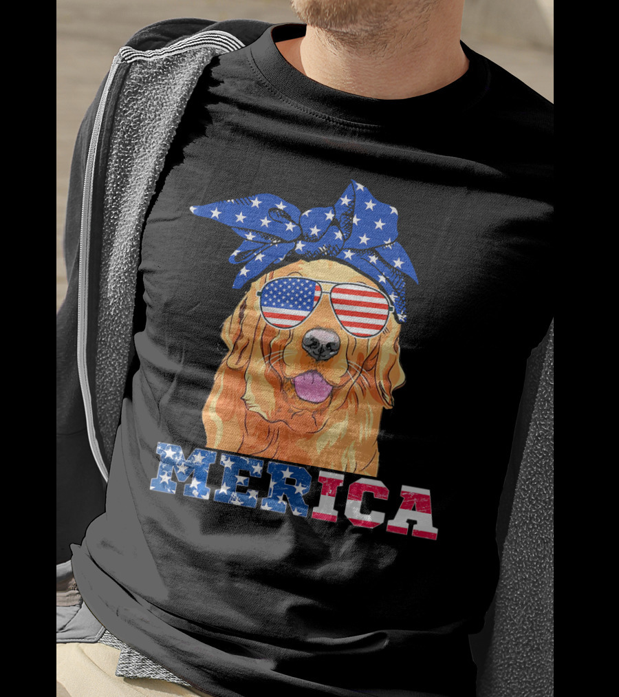 Merica Patriotic Golden Retriever With American Flag Bandana And Sunglasses T-Shirt