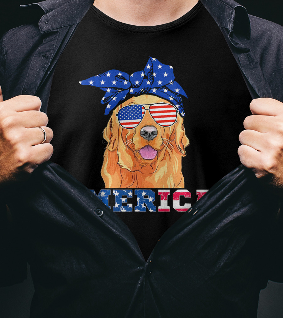 Merica Patriotic Golden Retriever With American Flag Bandana And Sunglasses T-Shirt