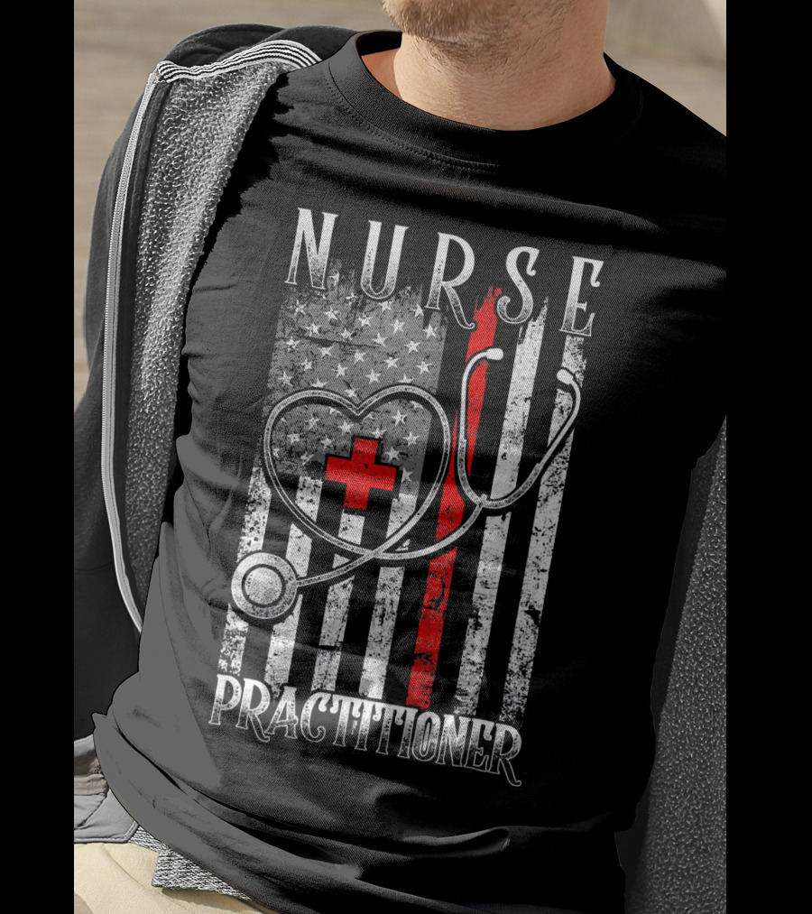 Nurse Practitioner Distressed American Flag Heart Red Line Stethoscope T-Shirt