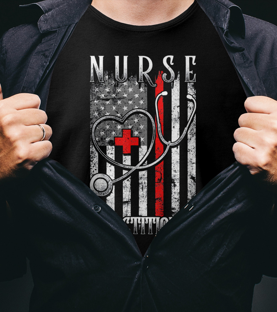 Nurse Practitioner Distressed American Flag Heart Red Line Stethoscope T-Shirt