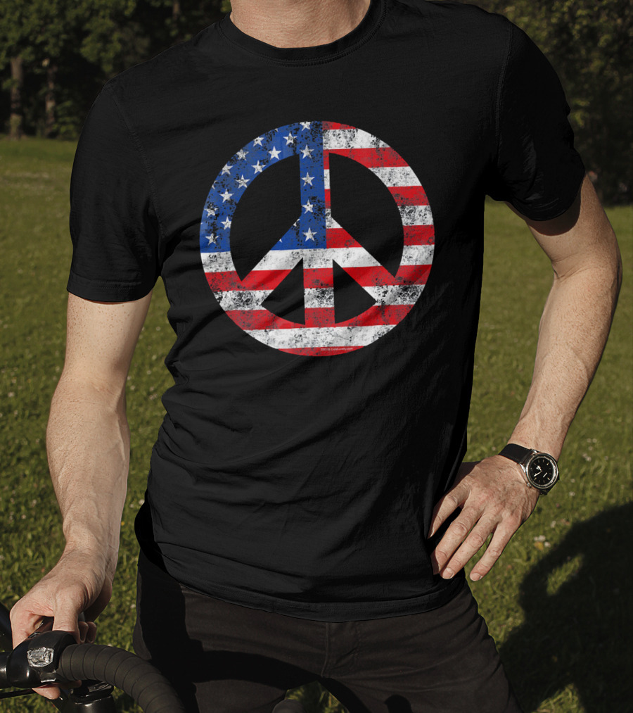 Vintage Patriotic Peace Sign American Flag T-Shirt