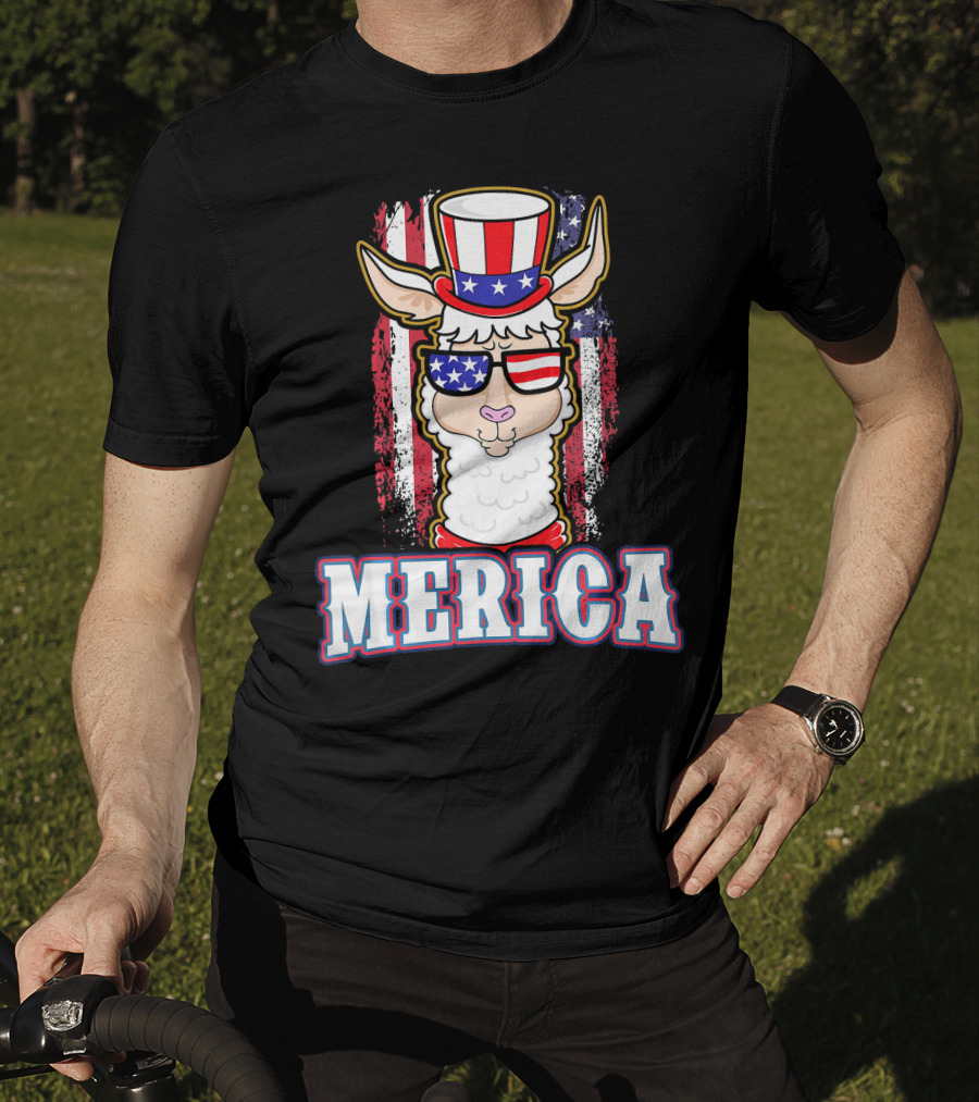 Patriotic Llama Merica American Flag US T-Shirt