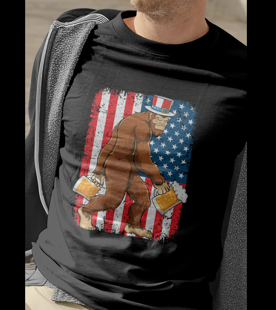 Bigfoot USA Flag Uncle Sam Hat With Beer T-Shirt
