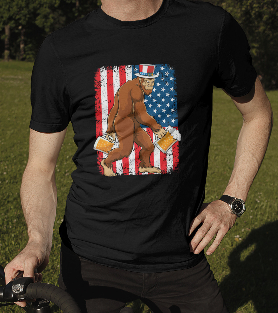 Bigfoot USA Flag Uncle Sam Hat With Beer T-Shirt