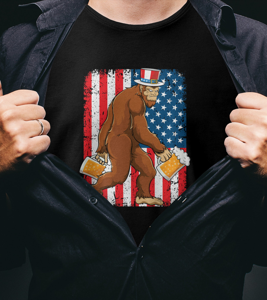 Bigfoot USA Flag Uncle Sam Hat With Beer T-Shirt