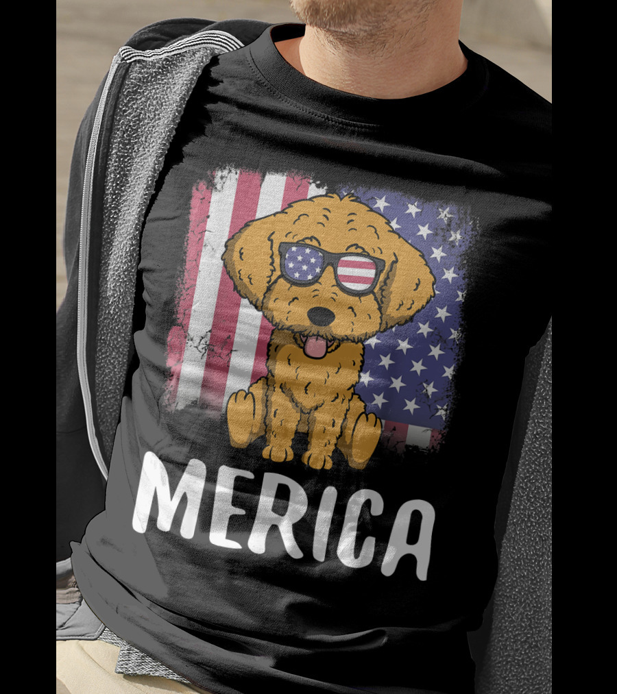Merica Goldendoodle Dog With American Flag Sunglasses And US Flag Background T-Shirt