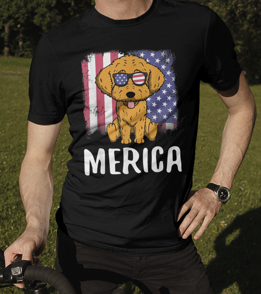 Merica Goldendoodle Dog With American Flag Sunglasses And US Flag Background T-Shirt