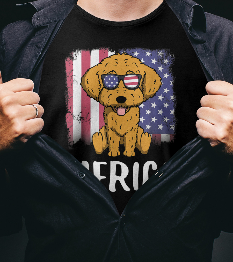 Merica Goldendoodle Dog With American Flag Sunglasses And US Flag Background T-Shirt