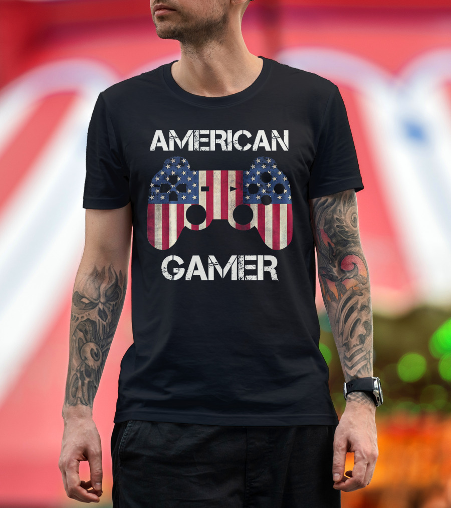 American Gamer Video Controller With American Flag 4th Of July T-Shirt