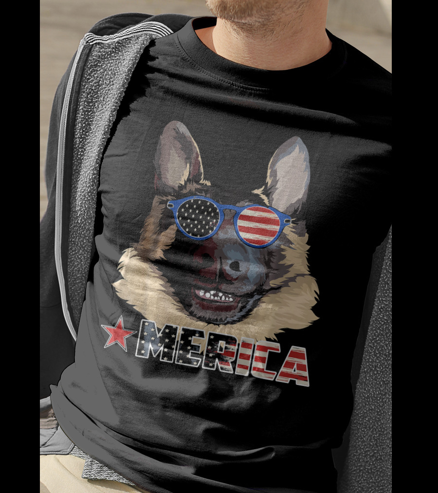 MERICA German Shepherd US Flag Sunglasses T-Shirt