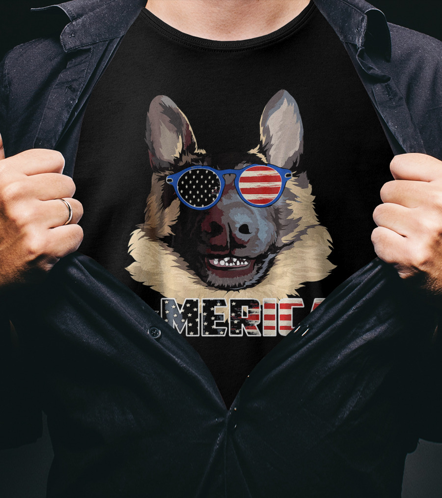 MERICA German Shepherd US Flag Sunglasses T-Shirt