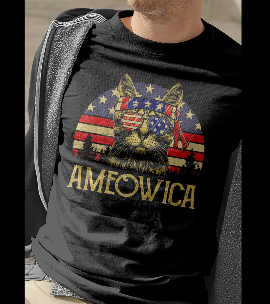 Ameowica Cat With American Flag Sunglasses And Bandana T-Shirt