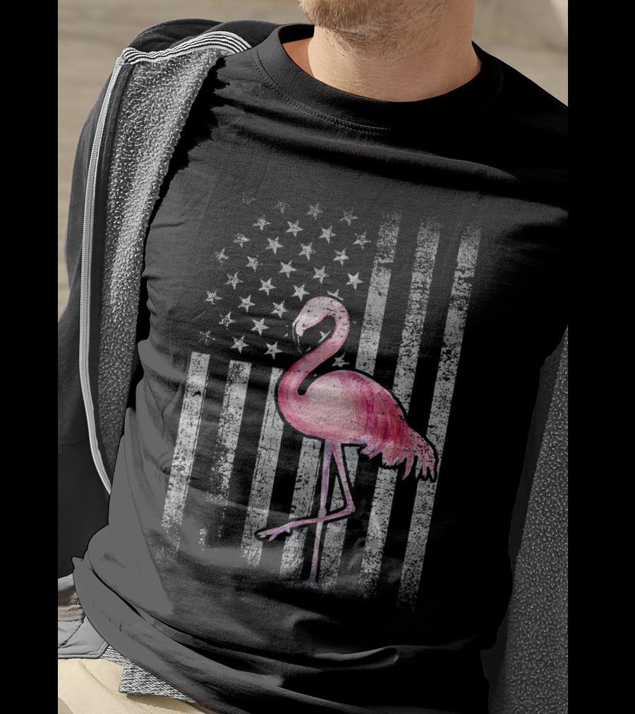 American Flag Stars And Stripes Pink Flamingo Patriotic T-Shirt