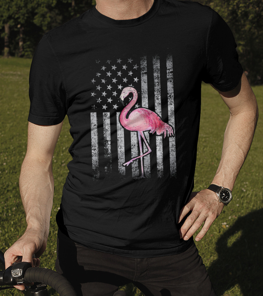 American Flag Stars And Stripes Pink Flamingo Patriotic T-Shirt