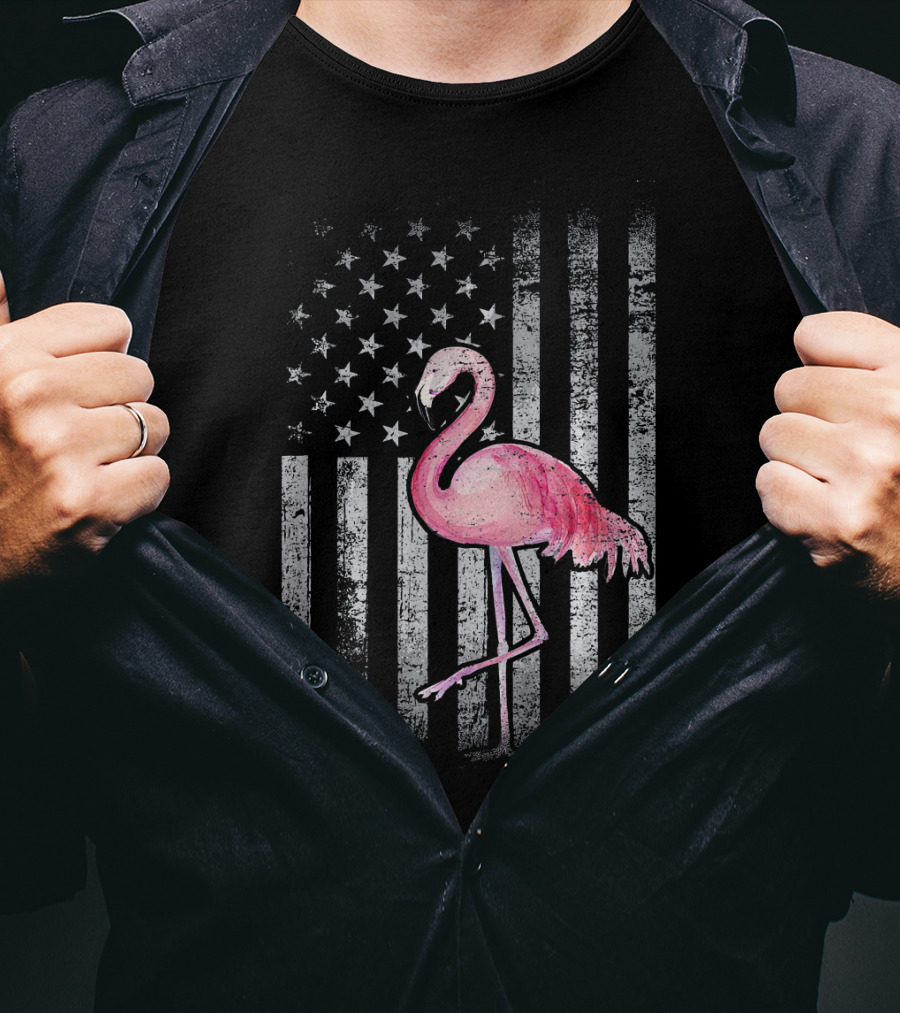 American Flag Stars And Stripes Pink Flamingo Patriotic T-Shirt