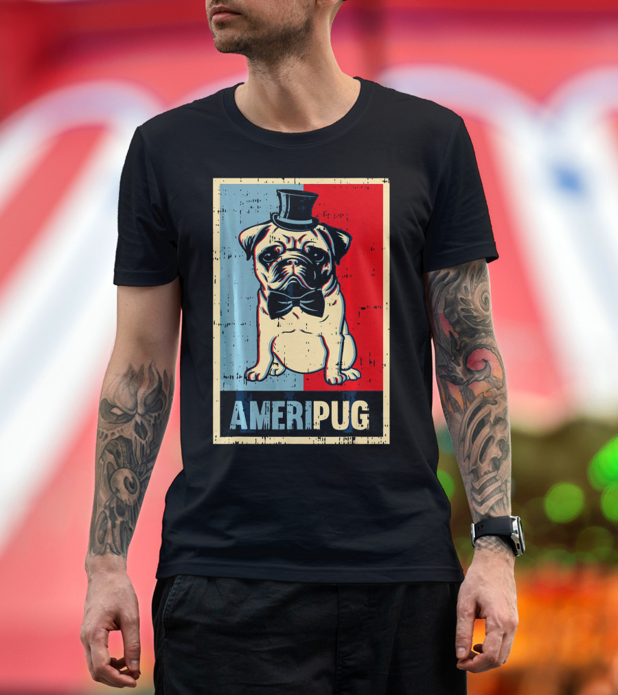 Ameripug Top Hat Bowtie Red Blue 4th Of July T-Shirt