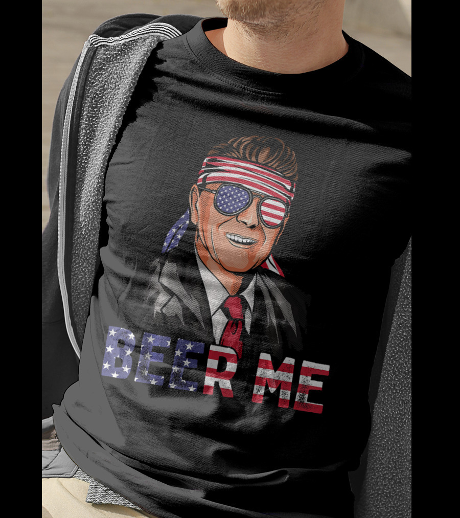 Ronald Reagan Beer Me Patriotic American Flag Bandana And Sunglasses T-Shirt