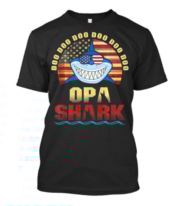 Doo Doo Doo Doo Doo Opa Shark American Flag Fathers T-Shirt