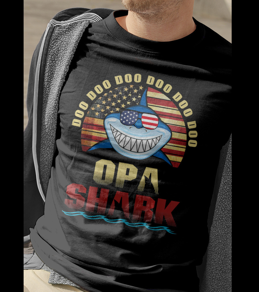 Doo Doo Doo Doo Doo Opa Shark American Flag Fathers T-Shirt