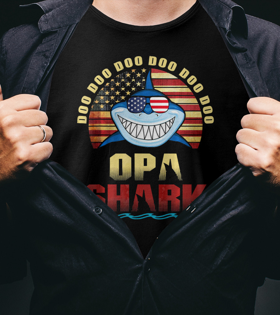 Doo Doo Doo Doo Doo Opa Shark American Flag Fathers T-Shirt