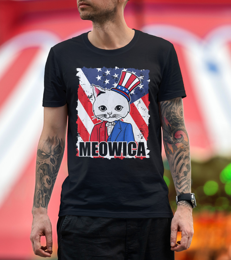 Meowica Cat with Uncle Sam Hat and American Flag Background T-Shirt