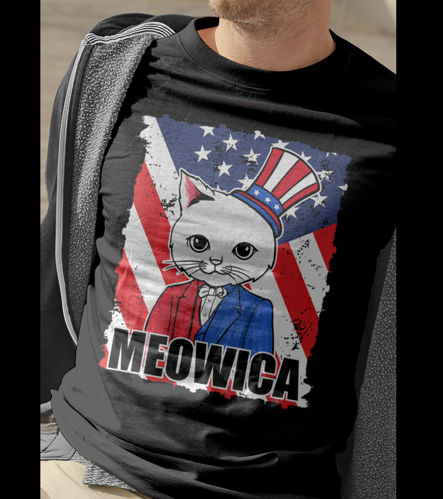 Meowica Cat With Uncle Sam Hat And American Flag Background T-Shirt