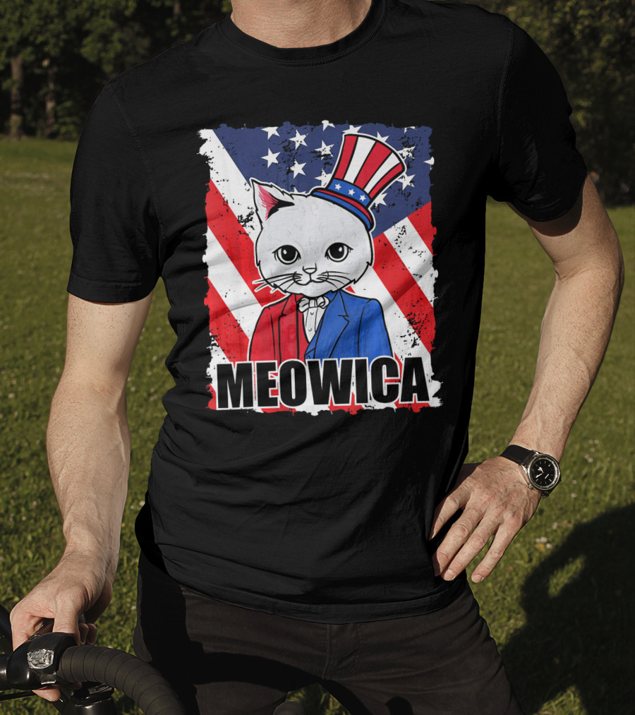 Meowica Cat With Uncle Sam Hat And American Flag Background T-Shirt