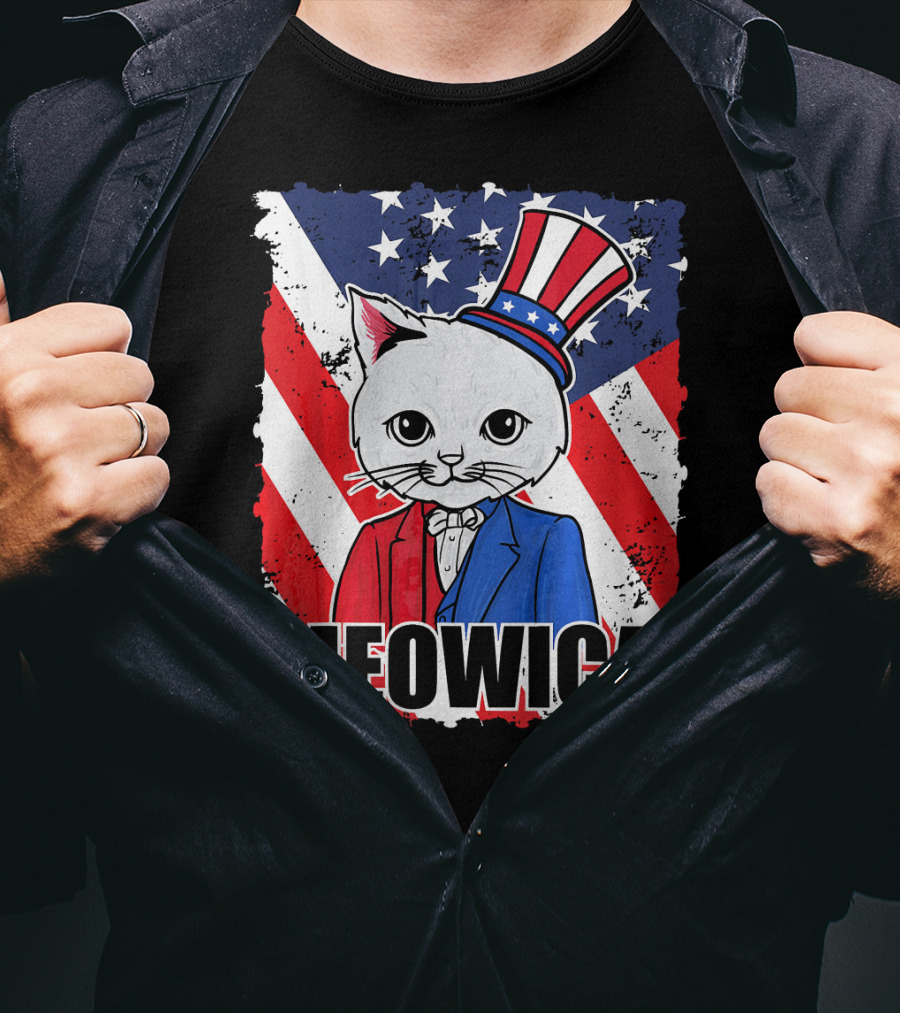 Meowica Cat With Uncle Sam Hat And American Flag Background T-Shirt