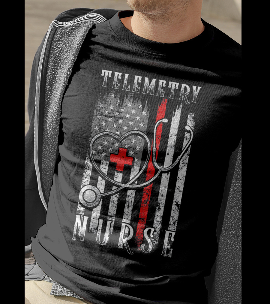 Telemetry Nurse Distressed American Flag Stethoscope Heart Red Cross T-Shirt